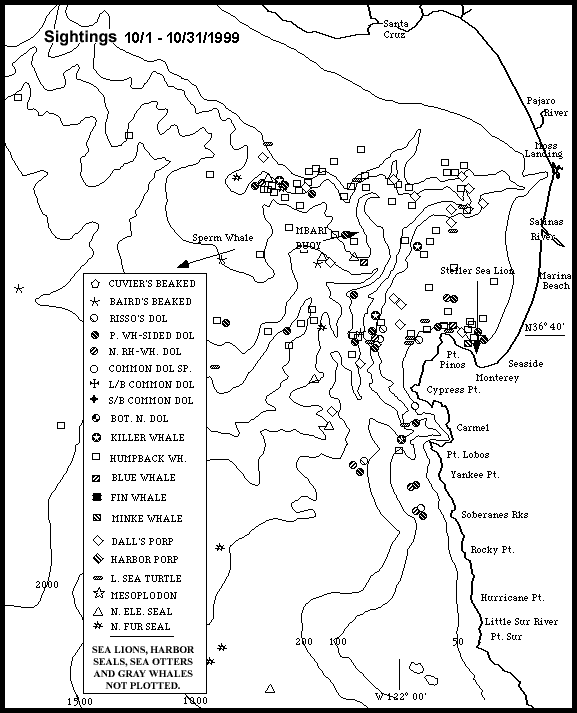 Monterey Bay Whale Watch Marine Mammal Sightings Map 10/1-10/31/99